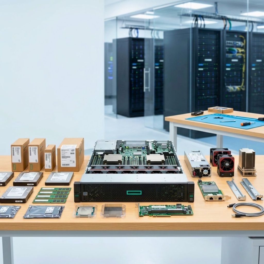 Spare part server HPE meliputi hard disk, memory, processor, power supply, RAID controller, dan komponen server lainnya.
