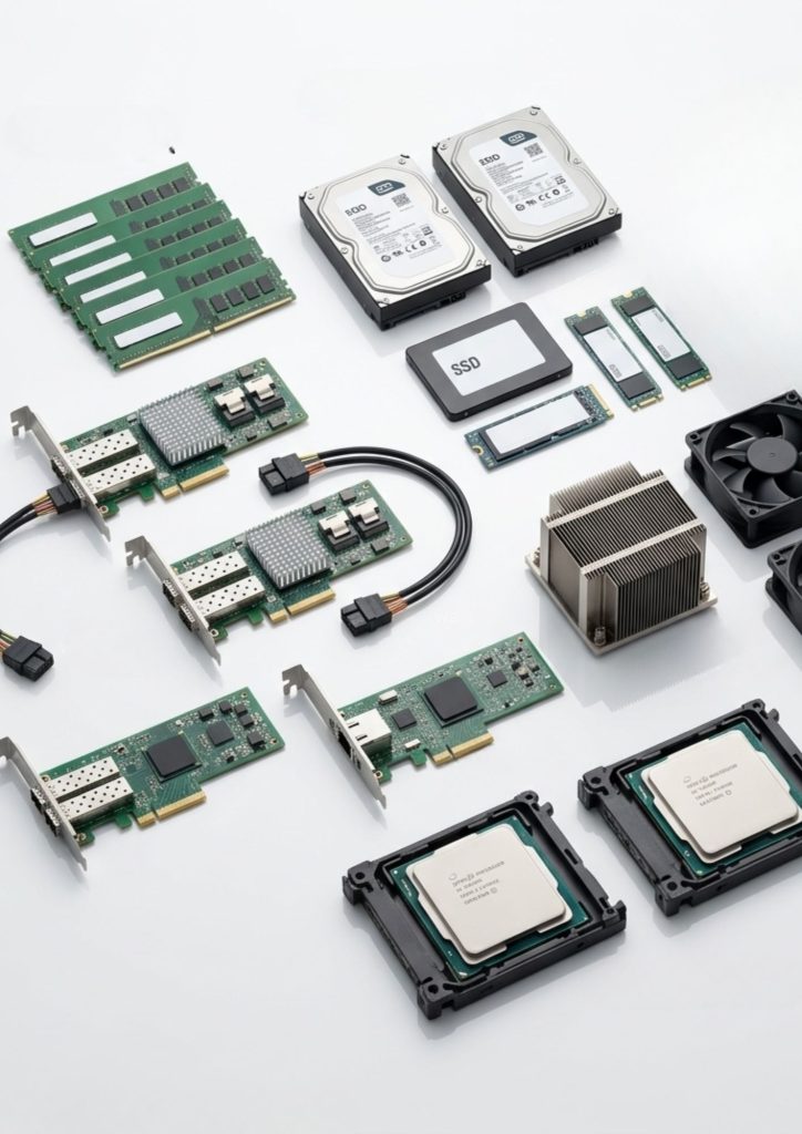 Berbagai spare part server original seperti RAID controller, processor, power supply, heatsink, dan komponen server lainnya.