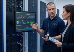 IT engineer menjelaskan spesifikasi enterprise server kepada klien di ruang server modern