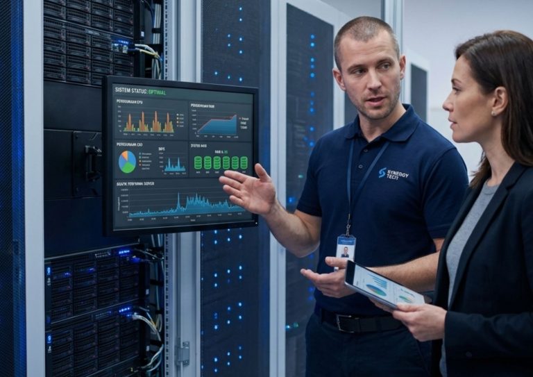 IT engineer menjelaskan spesifikasi enterprise server kepada klien di ruang server modern